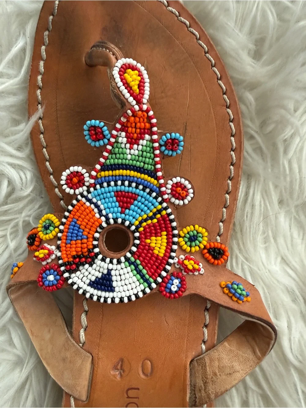 Handmade Tan Leather Clutch with Colorful Beaded Accent